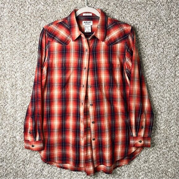 Ariat Shirt Women’s M Real Billie Rae Orange Plaid Relaxed Button Down Flannel - Picture 2 of 7
